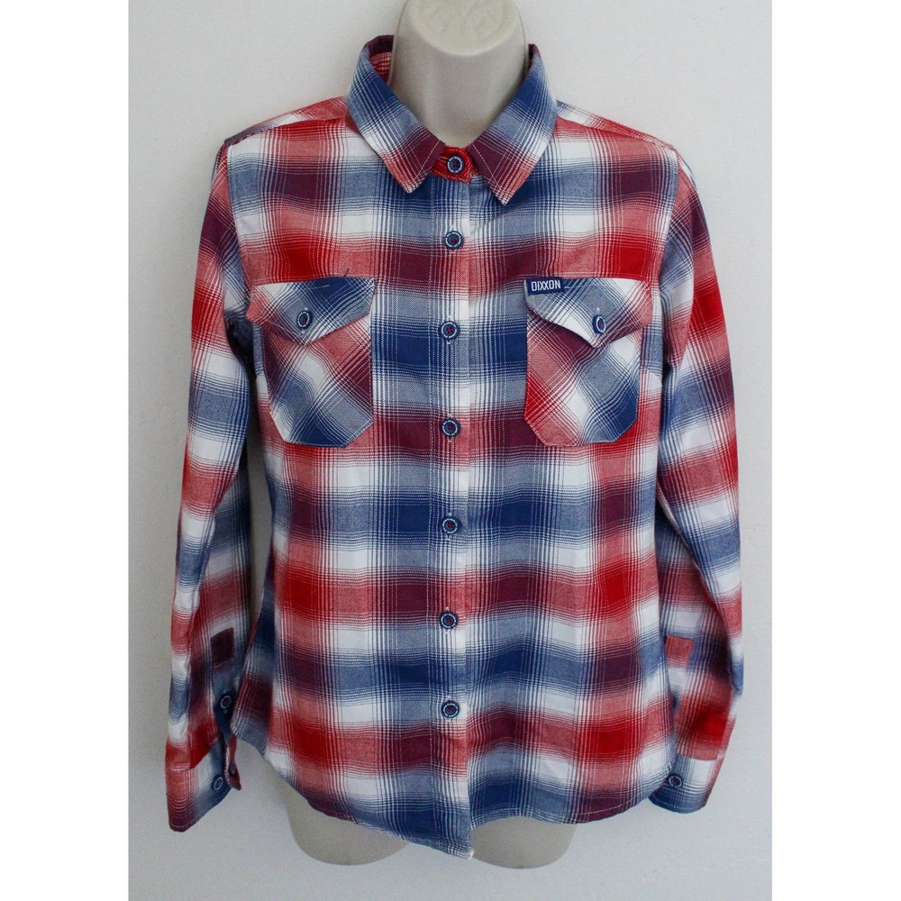Dixxon Flannel Shirt Womens Small Red Blue Plaid Long Sleeve Button Up Barbicide